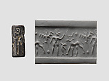 Cylinder seal and modern impression: bird, man, horned animal, Hematite, Cypriot