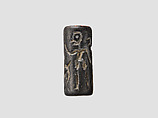 Cylinder seal and modern impression: bird, man, horned animal, Hematite, Cypriot