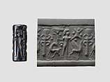 Cylinder seal and modern impression: palmette tree flanked by winged griffin and caprid; figure between them with raised hands; ingot, Hematite, Cypriot