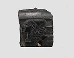 Cosmetic box fragment carved in relief with the head of a sphinx, Ivory, gold foil, Iran