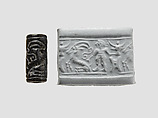 Cylinder seal and modern impression: man grasping an antelope, bull's head over ingot, Black-grey steatite, Cypriot