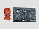 Cylinder seal and modern impression: man, goat, griffin, nude figure, and 
