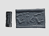 Cylinder seal and modern impression: female figure, ibex, lion, Black-grey hematite, Cypriot