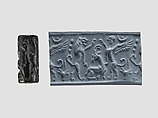 Cylinder seal and modern impression: lion and sphinx over an antelope, Black-grey steatite, Cypriot