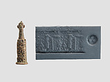 Stamp-cylinder seal with cultic scene, surmounted by (a plaster copy?) double-faced Pazuzu head, Copper/bronze alloy, plaster, Urartian