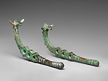 Horse bit cheekpieces in form of a horse with spiked mane, Bronze