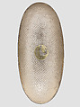 Oval bowl with grapevine scrolls inhabited by birds and animals, Silver, mercury gilding, Sasanian