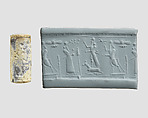 Cylinder seal with cultic scene, Variegated gray and cream Chalcedony (Quartz), Assyro-Babylonian