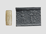 Cylinder seal with cultic scene, Flawed neutral Chalcedony (Quartz), Assyrian