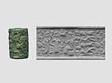 Cylinder seal and modern impression: goddess leading a worshiper to a seated deity; bull god, Quartzite, Old Assyrian Trading Colony