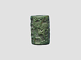 Cylinder seal and modern impression: goddess leading a worshiper to a seated deity; bull god, Quartzite, Old Assyrian Trading Colony