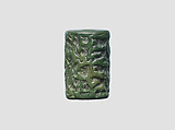 Cylinder seal and modern impression: goddess leading a worshiper to a seated deity; bull god, Quartzite, Old Assyrian Trading Colony