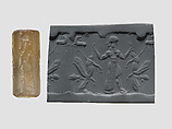 Cylinder seal with three-figure contest scene, Neutral Chalcedony (Quartz), Babylonian