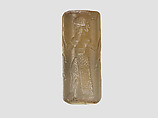 Cylinder seal with three-figure contest scene, Neutral Chalcedony (Quartz), Babylonian