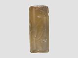 Cylinder seal with three-figure contest scene, Neutral Chalcedony (Quartz), Babylonian