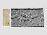 Cylinder seal and modern impression: winged horse with claws and horns, Chalcedony, Assyrian
