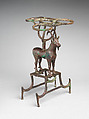 Vessel stand with ibex support, Copper alloy, inlaid with shell (lambis truncata) and lapis lazuli, Sumerian