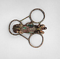 Vessel stand with ibex support, Copper alloy, inlaid with shell (lambis truncata) and lapis lazuli, Sumerian