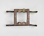 Vessel stand with ibex support, Copper alloy, inlaid with shell (lambis truncata) and lapis lazuli, Sumerian