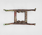 Vessel stand with ibex support, Copper alloy, inlaid with shell (lambis truncata) and lapis lazuli, Sumerian