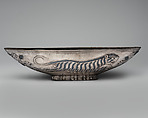 Oval bowl with running tigresses on each side, Silver, niello inlay, Sasanian