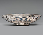 Oval bowl with running tigresses on each side, Silver, niello inlay, Sasanian