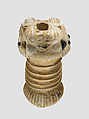 Ornament with heads of roaring lions, possibly the terminal of a sword or dagger hilt, Limestone, lapis lazuli, faience inlay, Assyrian