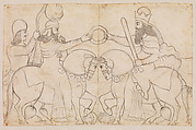 Drawing of Sasanian rock relief: Ardashir I (r. A.D. 224-241) and the Zoroastrian divinity Ohrmazd [Ahura Mazda] at Naqsh-i Rustam, southern Iran, Lutf-'Ali Shirazi (Iranian), Paper, pencil, ink, Qajar