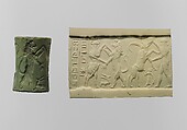 Cylinder seal and modern impression:  bull-man combatting lion; nude hero combatting water buffalo; inscription, Albite, Akkadian