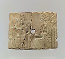 Incised cosmetic box fragments with a warrior and four women, Ivory, Assyrian