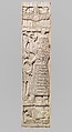 Furniture plaque carved in relief with warrior holding lotuses, Ivory, Assyrian