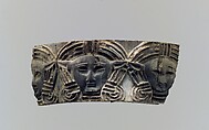 Cloisonné furniture or cosmetic box plaque with three frontal heads, Ivory, Assyrian
