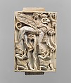 Furniture plaque carved in relief with a striding, ram-headed sphinx supported by two kneeling figures, Ivory, Assyrian
