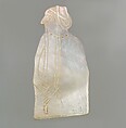 Inlay: woman wearing a cylinder seal, playing a flute, Shell, Sumerian