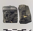 Cosmetic box fragment carved in relief with the head of a sphinx, Ivory, gold foil, Iran