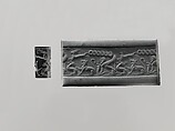 Cylinder seal and modern impression: animal combat and sphinx, Hematite