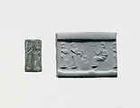 Cylinder seal and modern impression: worshiper pouring a libation before a seated god, Stone, Neo-Sumerian