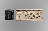Cylinder seal and modern impression: ritual scene before a temple facade, Bituminous limestone