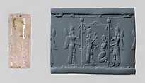 Cylinder seal with cultic scene, Flawed neutral Chalcedony (Quartz), Assyrian