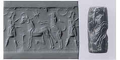 Cylinder seal with animal husbandry scene
, Mottled green and black Talc-bearing Serpentinite, Assyrian
