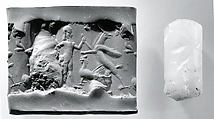 Cylinder seal with three-figure contest scene
, White Chalcedony (Quartz), Assyro-Babylonian