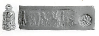 Stamp-cylinder seal (with loop handle) with hunting scene
, Limestone or calcite (?), Urartian