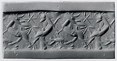 Cylinder seal with monster contest scene
, Flawed Carnelian (Quartz), Babylonian