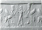 Cylinder seal with three-figure contest scene
, Veined and flawed neutral Chalcedony (Quartz), Babylonian