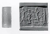 Cylinder seal with three-figure contest scene
, Neutral Chalcedony (Quartz), Assyro-Babylonian