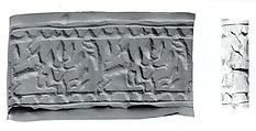 Cylinder seal and modern impression: horned animal and tree, Faience, Elamite
