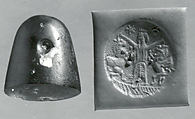 Conoid stamp seal: king mastering two rearing lion-griffins, star and reversed crescent with sun-disc, Glass, green, Achaemenid