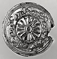 Roundel with a rosette and recumbent horned animals, Gold, silver foil, bronze, bitumen, Elamite