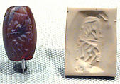 Stamp seal (loaf-shaped hemispheroid) with animal
, Banded carnelian (Quartz), Southwest Arabian