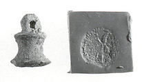 Stamp seal (bell-shaped with loop handle) with divine being
, Copper/bronze alloy, Urartian